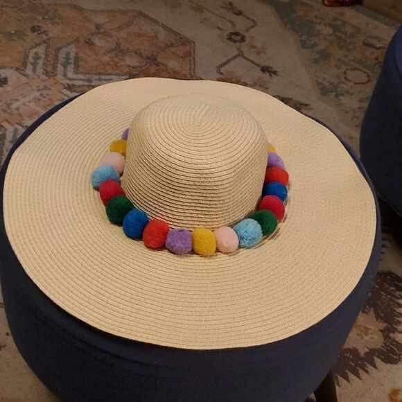 Forever 21 Raffia Sun Hat Paper Vacation Beach Color Puff Balls Wide Brim S / M - Picture 4 of 6